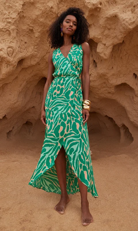 Your Favorite Items on Sale Now!Harmony Wrap Dress in Zebro Green on Peach
