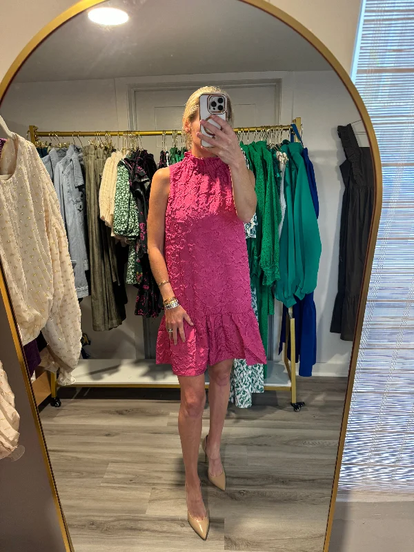 One Day Only – Huge Savings!Magenta Ruffle Neck Drop Waist Dress