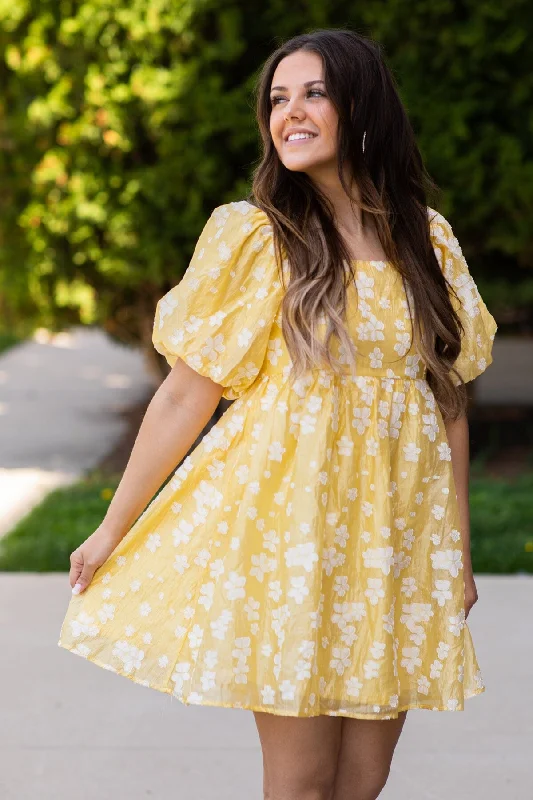 Lowest Prices Guaranteed!Pastel Yellow Floral Puff Sleeve Dress