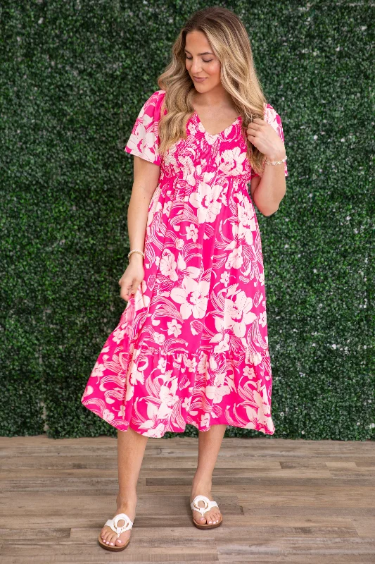 Crazy Discounts Inside!Pink Floral V-Neck Dress With Pockets