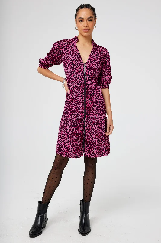 Only a Few Left – Order Now!Pink with Black Wild Leopard Zip Detail Tiered Short Dress