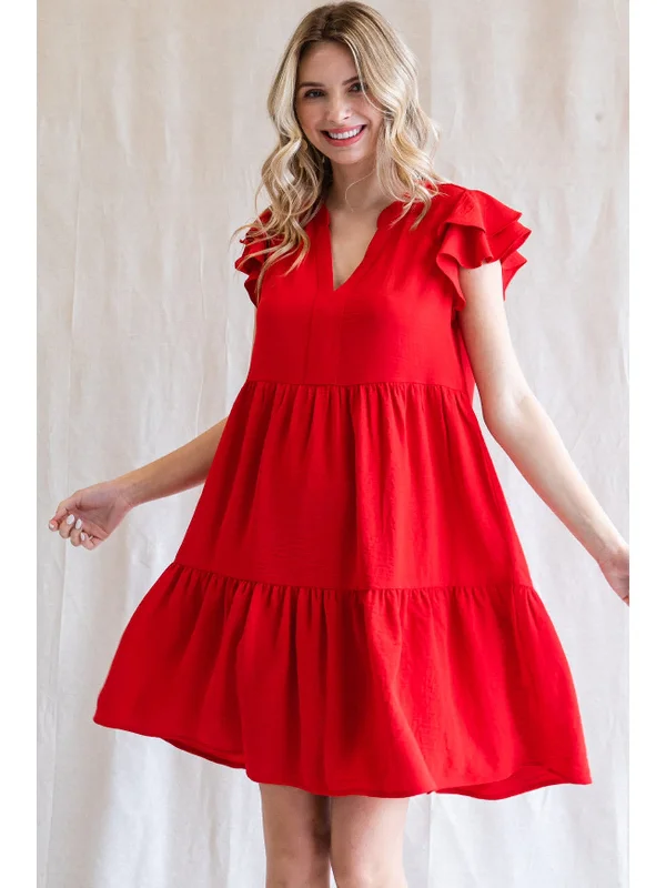 Don’t Wait – Shop Today!Red Ruffle Sleeve Tiered Dress