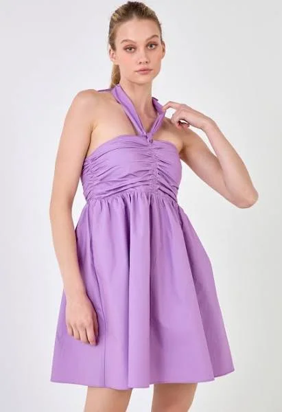 Amazing Prices You Can’t Resist!Ruched Lilac Halter Neck Dress