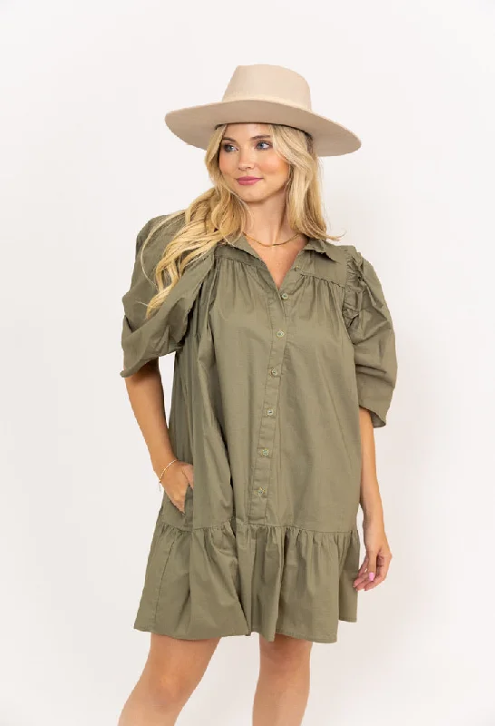 Today’s Deals, Tomorrow’s Regrets!Solid Button Puff Sleeve Ruffle Dress