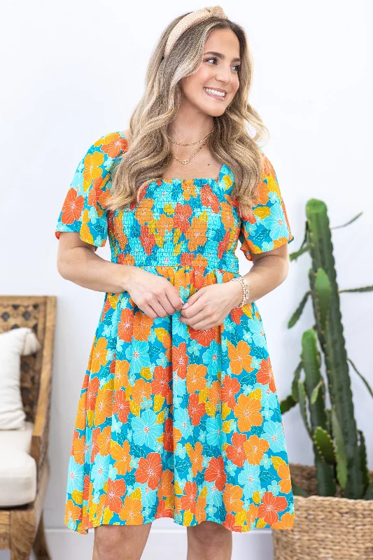 Save More with Every Purchase!Turquoise and Orange Floral Smocked Dress