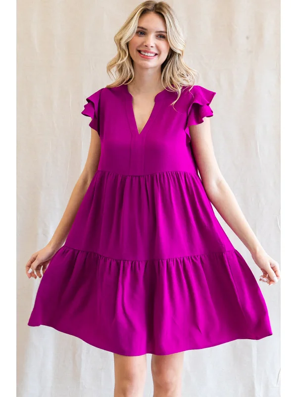 Shop More, Spend Less!Magenta Ruffle Sleeve Tiered Dress