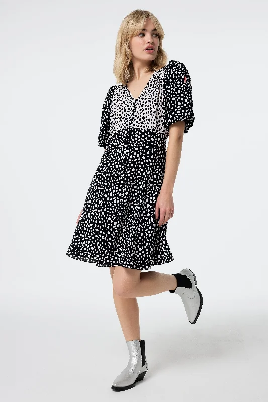 Biggest Sale of the Season!White with Black Mix Cheetah Puff Sleeve Short Tea Dress