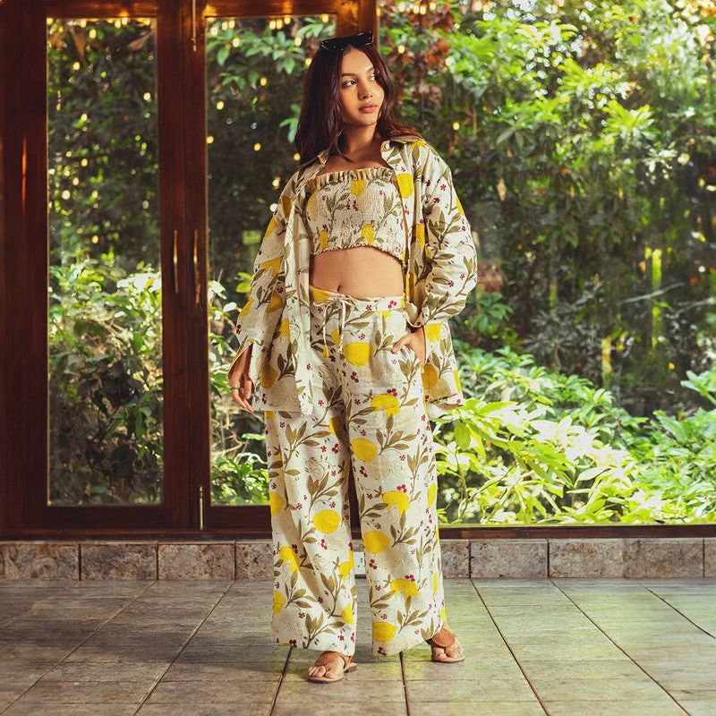 Your Shopping Wish, Our Discount Command!Cotton Co-Ords Set For Women | Shirt & Long Pant With Pocket | Leaves Printed | Yellow Your Shopping Wish, Our Discount Command!Cotton Co-Ords Set For Women | Shirt & Long Pant With Pocket | Leaves Printed | Yellow