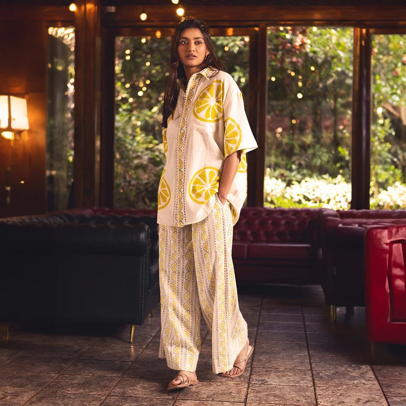 Shop Early, Save Big!Kala Cotton Co-Ords Set For Women | Shirt & Pant With Pocket | Lemon Slice Printed | Yellow Shop Early, Save Big!Kala Cotton Co-Ords Set For Women | Shirt & Pant With Pocket | Lemon Slice Printed | Yellow