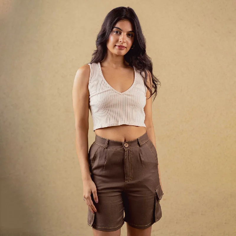 Save More Than Ever!Tencel Solid Shorts For Women | Oversized Fit | Cargo Pockets | Brown Save More Than Ever!Tencel Solid Shorts For Women | Oversized Fit | Cargo Pockets | Brown