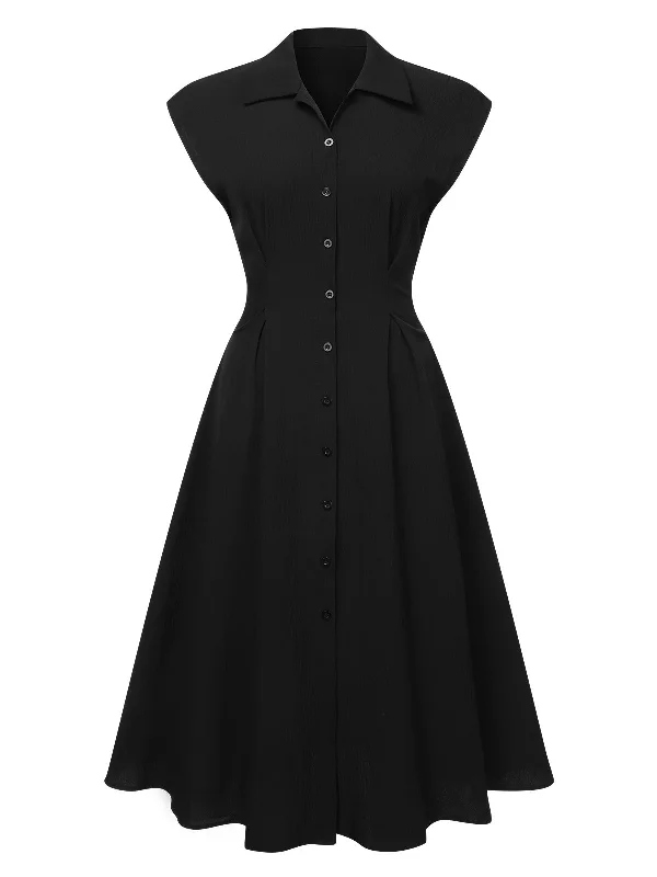 Best Offers of the Month!Black 1950s Shirt Collar Cap Sleeves Dress