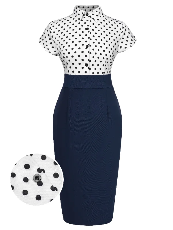Grab Yours Before It’s Too Late!Blue 1960s Shirt Collar Polka Dots Patchwork Dress
