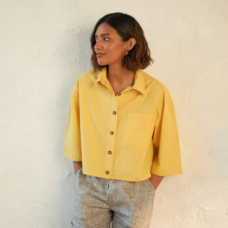Limited Time Offer!Cotton Crop Shirt For Women | Yellow | Patch Pockets
