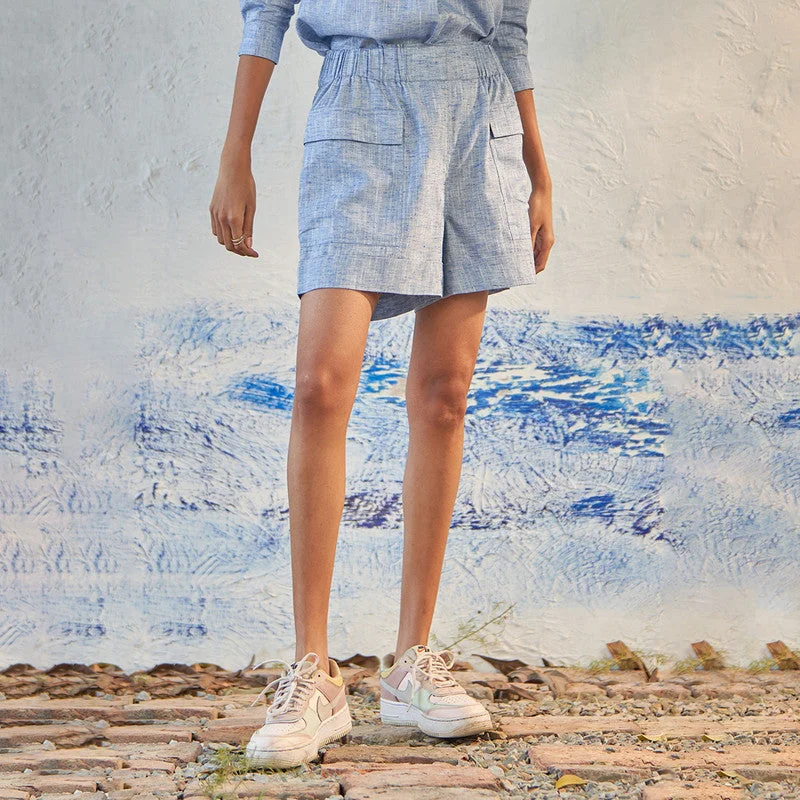 Hurry! While Supplies Last!Textured Cotton Shorts for Women | Deep Blue | Flap Pockets Hurry! While Supplies Last!Textured Cotton Shorts for Women | Deep Blue | Flap Pockets