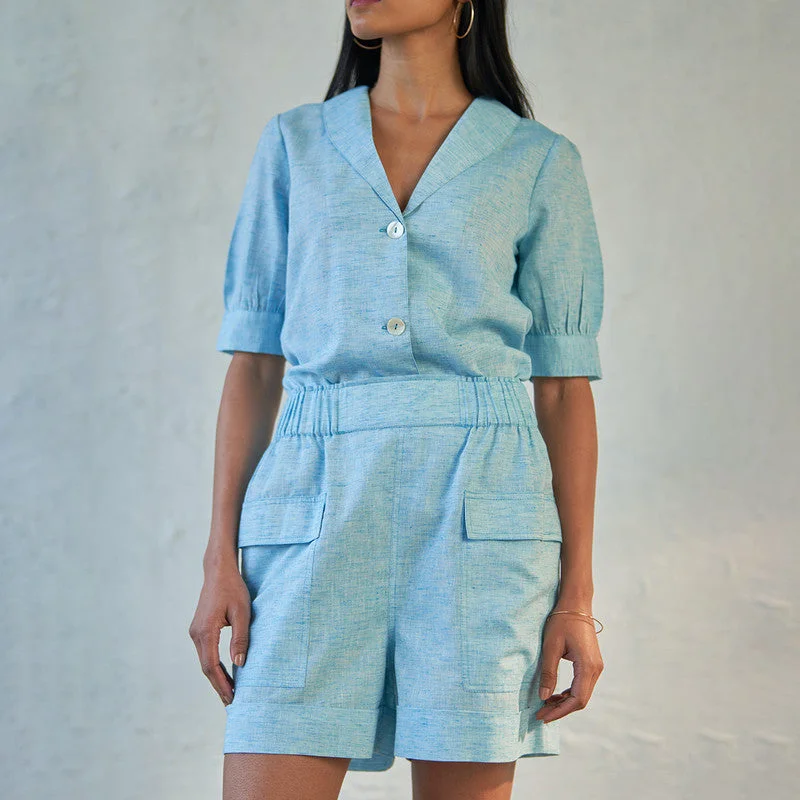 Biggest Sale of the Season!Textured Cotton Shorts for Women | Ice Blue | Flap Pockets Biggest Sale of the Season!Textured Cotton Shorts for Women | Ice Blue | Flap Pockets
