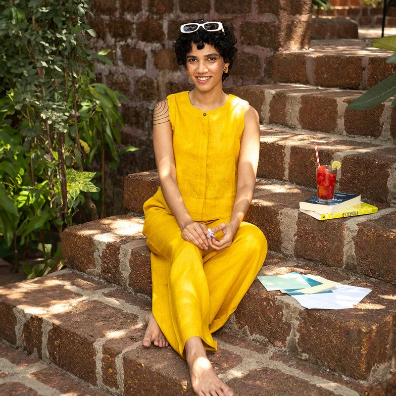 Score Huge Discounts Today!Linen Sleeveless Shirt for Women | Mustard | Short Shirt