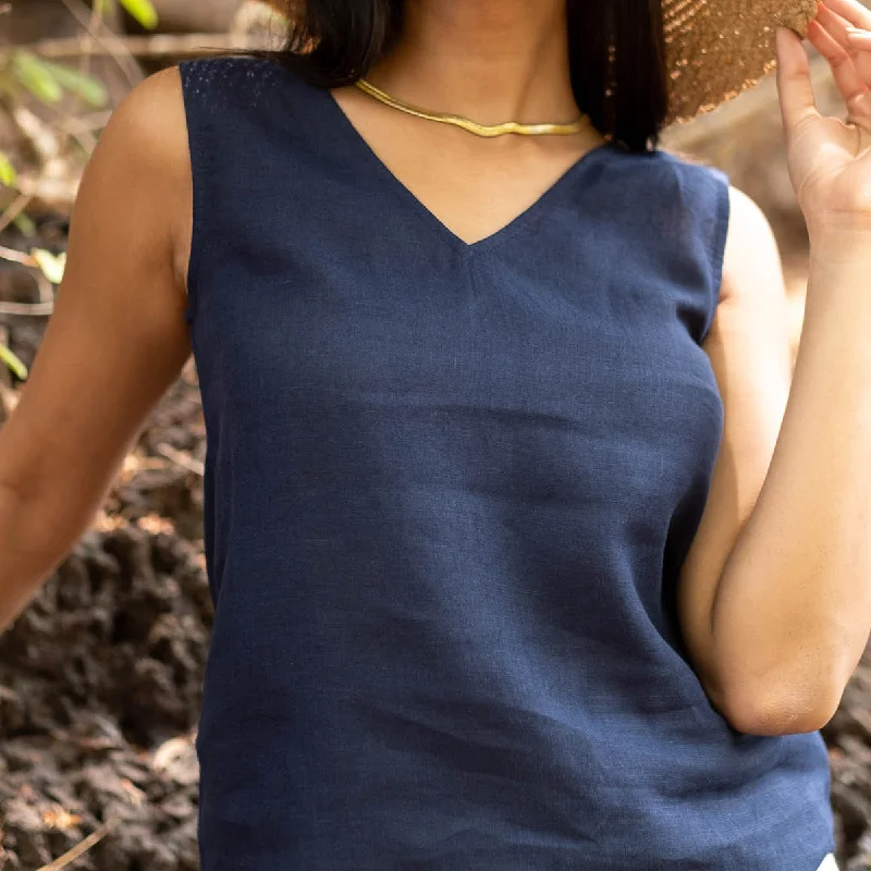 New Discounts Just Dropped!Linen Tank Top for Women | Navy Blue | Sleeveless