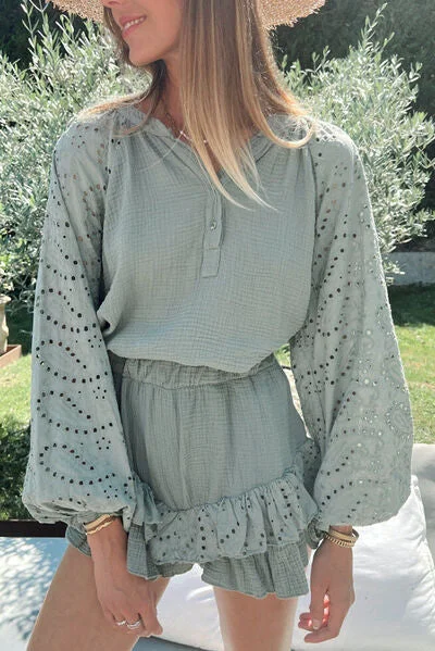 Save More with Every Purchase!Eyelet Half Button Top and Shorts Set