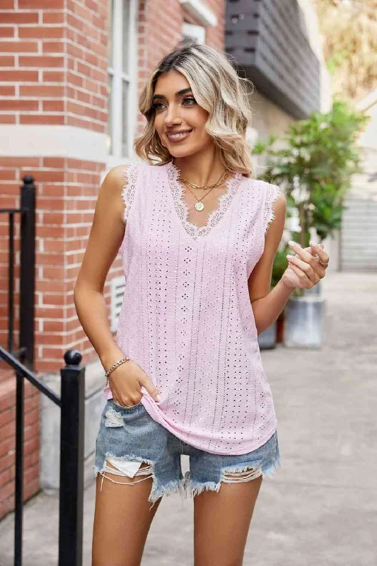 Steals and Deals Await!Eyelet Lace Trim Eyelash V-Neck Tank