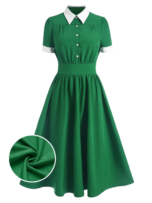 One Day Only – Huge Savings![Pre-Sale] Green 1940s Contrast Shirt Collar Dress