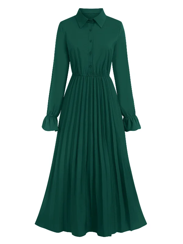 Limited Edition, Limited Price!Green 1940s Solid Pleated Shirt Collar Dress