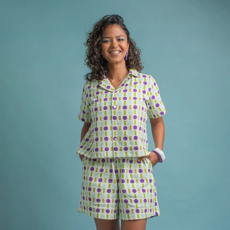 Must-Have Deals Inside!Kala Cotton Printed Shirt For Women | Camp Collar | Purple & Green