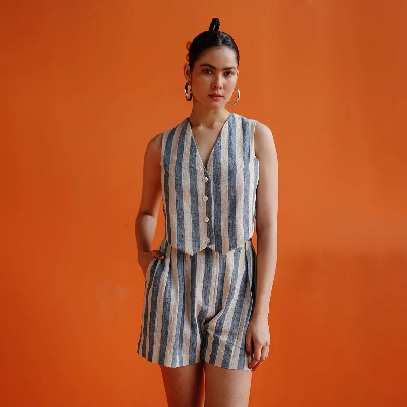 Limited Stock Available!Handwoven Cotton Pleated Shorts For Women | Striped | Blue & White Limited Stock Available!Handwoven Cotton Pleated Shorts For Women | Striped | Blue & White