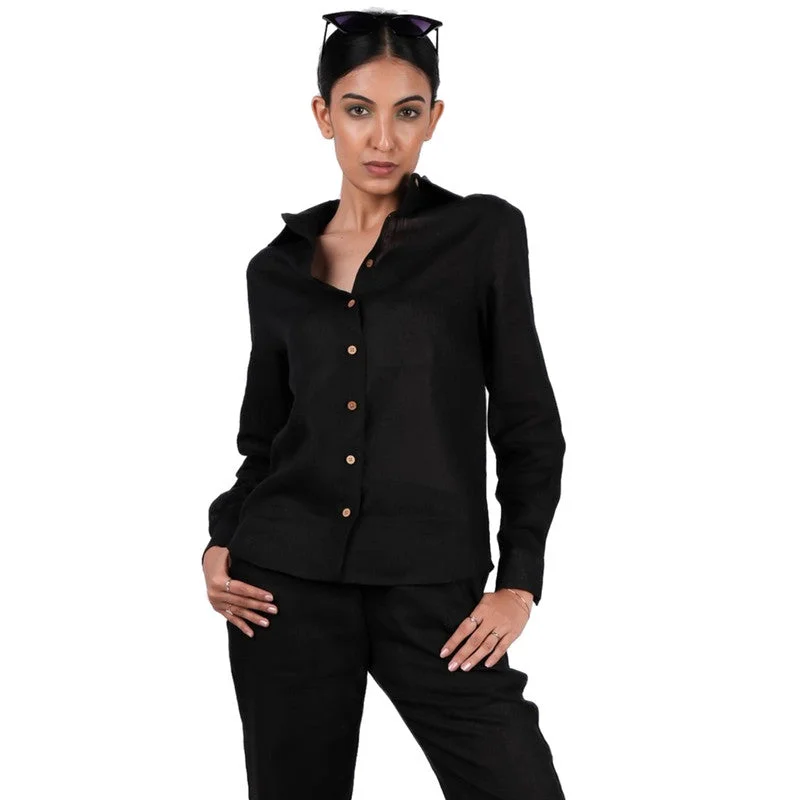 One Day Only – Huge Savings!Black Linen Shirt for Women | Full Sleeves