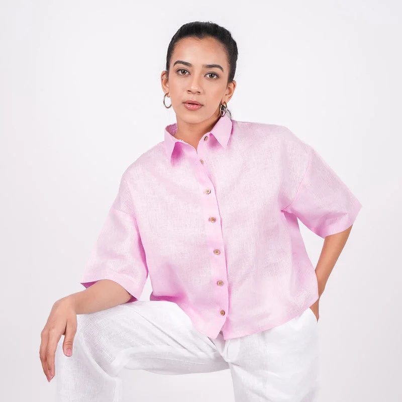 Amazing Prices You Can’t Resist!Linen Pink Shirt for Women | Half Sleeves | Drop Shoulder