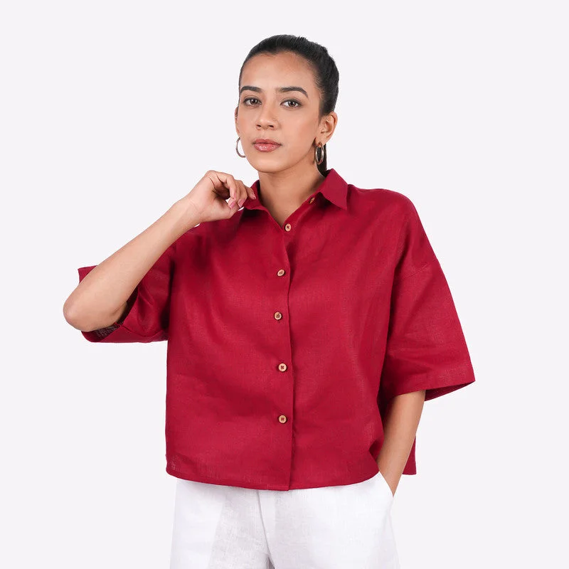 Limited Stock Available!Linen Shirt for Women | Red | Half Sleeves | Drop Shoulder