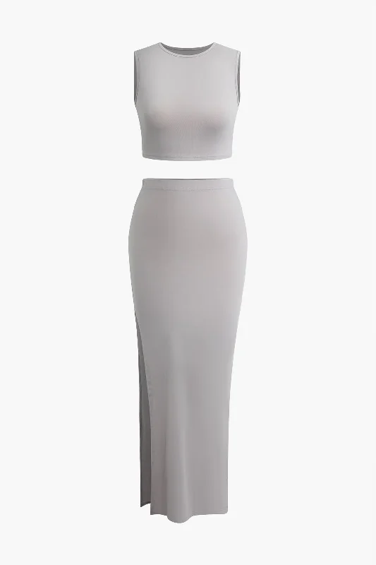 Bigger Savings, Better Shopping!Solid Crop Tank Top And Split Skirt Set