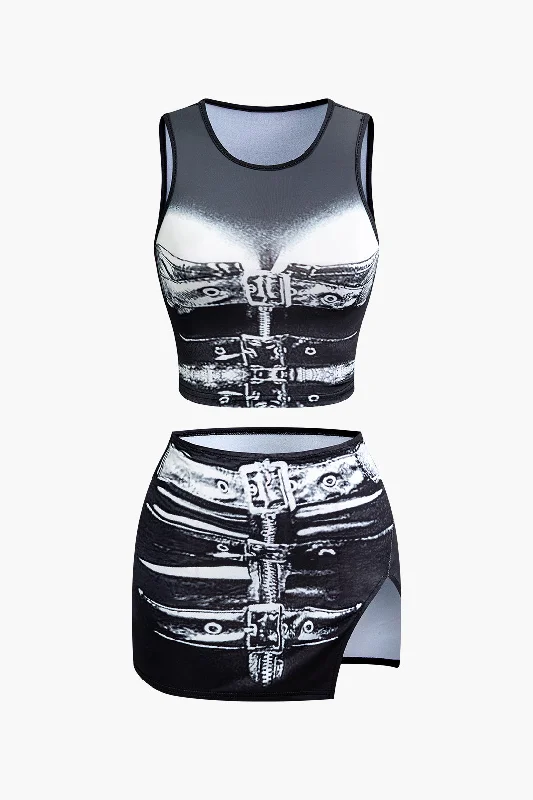 The Best Deals Won’t Wait!Buckle Pattern Tank Top And Split Skirt Set