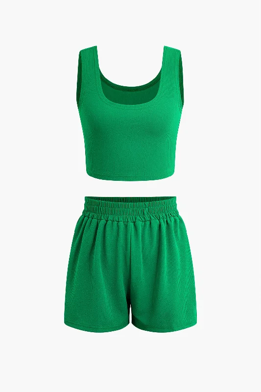 Unlock Huge Savings Now!Solid Crop Tank Top And Short Sets