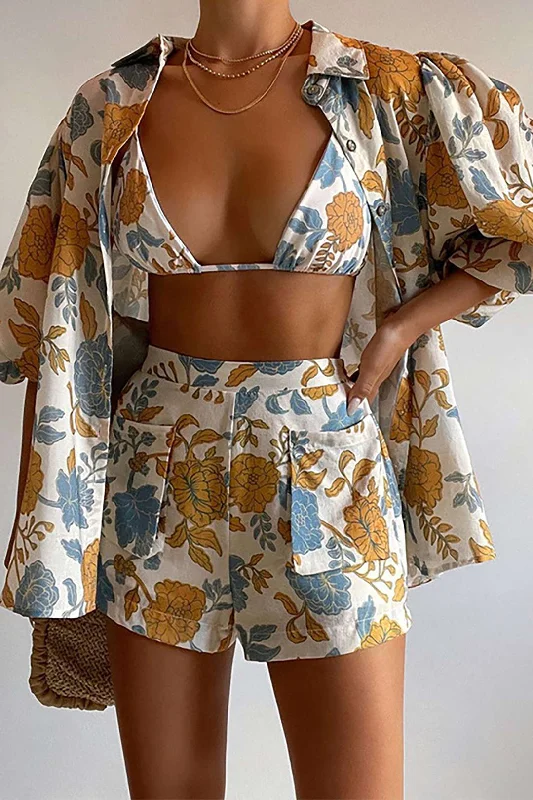 More Discounts, More Joy!Floral Bra Top And Pocket Shorts And Shirt 3PC Set