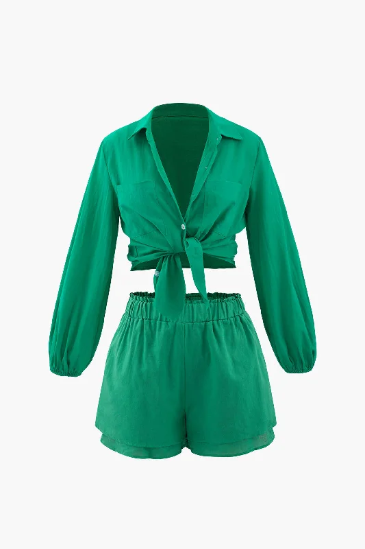 The Best Deals Won’t Wait!Chest Pocket Shirt And Frill Waist Shorts Set