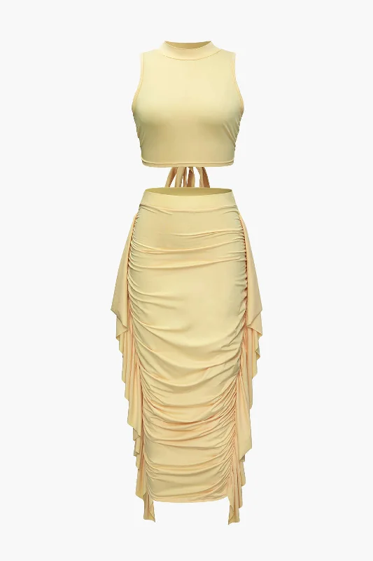 Only a Few Left – Order Now!Tie Back Tank Top And Ruched Ruffle Skirt Set