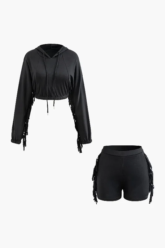 Time to Snag a Bargain!Tassel Pocket Hooded Crop Sweatshirt And Shorts Set