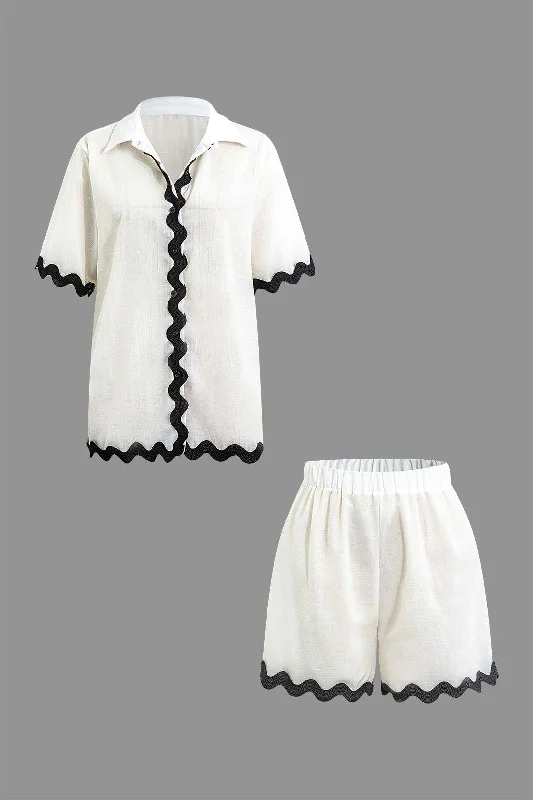 Hurry, Sale Ends Soon!Scallop Trim Short Sleeve Shirt And Shorts Set