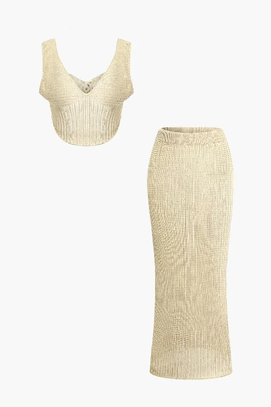 Score Huge Discounts Today!Sheer Knit V-neck Tank Top And Maxi Skirt Set