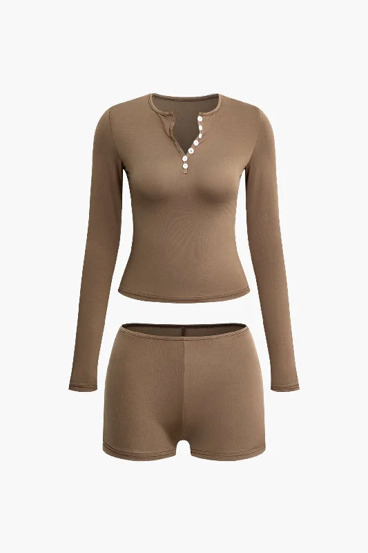 Today Only – Don’t Miss It!Solid Fitted Long Sleeve Top And Shorts Set