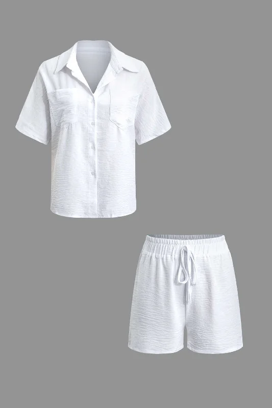 Get It Before It’s Gone!Solid Short Sleeve Blouse And Drawstring Shorts Set