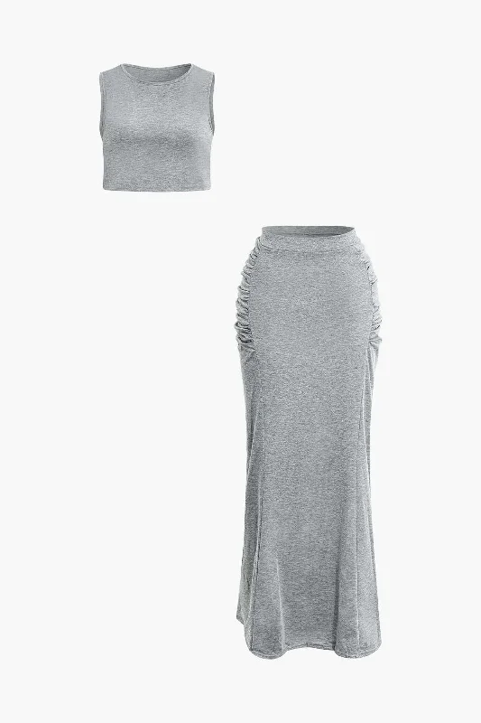 Don’t Wait – Deals Won’t Last!Solid Tank Top And Ruched Maxi Skirt Set