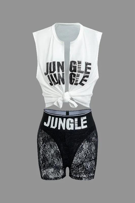 Buy One, Get One Free!Jungle Print Knot Sleeveless Top And Lace Shorts Set