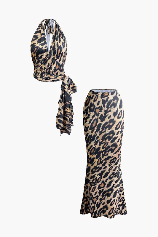 Hottest Discounts of the Year!Leopard Print Tie Halter Backless Tank Top And Maxi Skirt Set