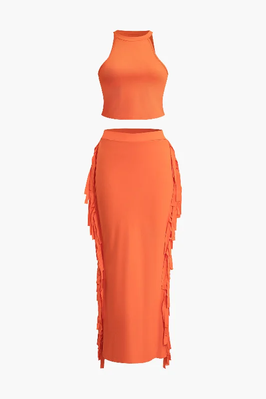 Must-Have Deals Inside!Solid Tank Top And Fringe Maxi Skirt Set