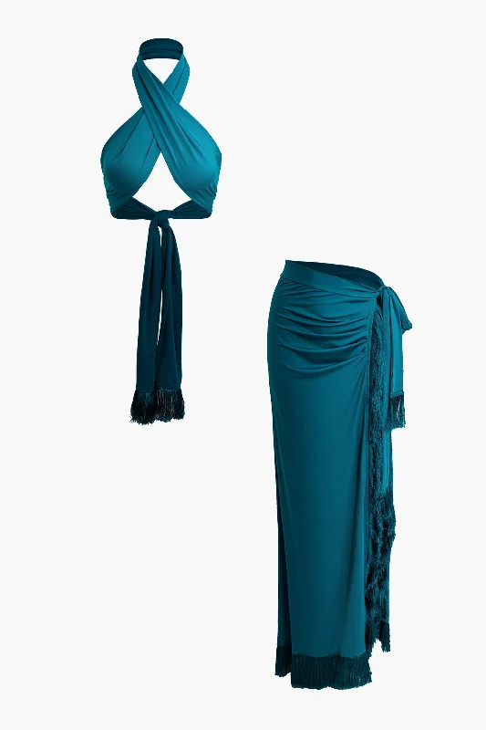 Best Deals Just for You!Cross Halter Knot Tassel Backless Tank Top And Split Maxi Skirt Set