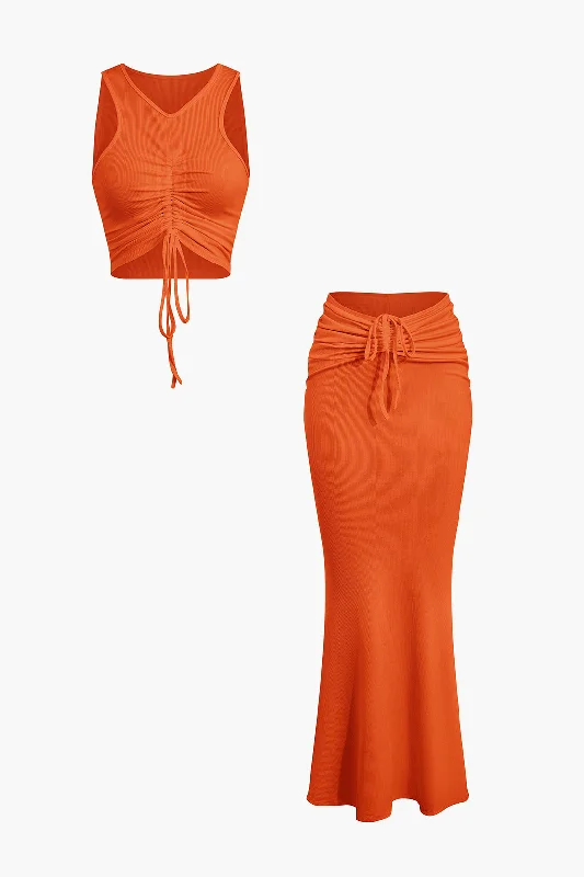 Time to Snag a Bargain!Ruched Drawstring Tank Top And Mermaid Maxi Skirt Set