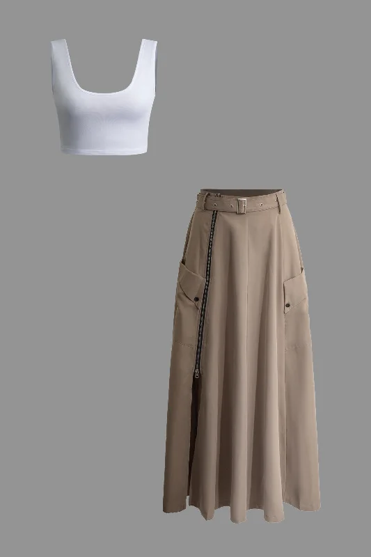 Amazing Prices You Can’t Resist!Solid Crop Tank Top And Zipper Pocket Pleated Skirt Set