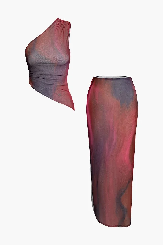 Save More Than Ever!Asymmetric Mesh Tank Top And Slit Skirt Set