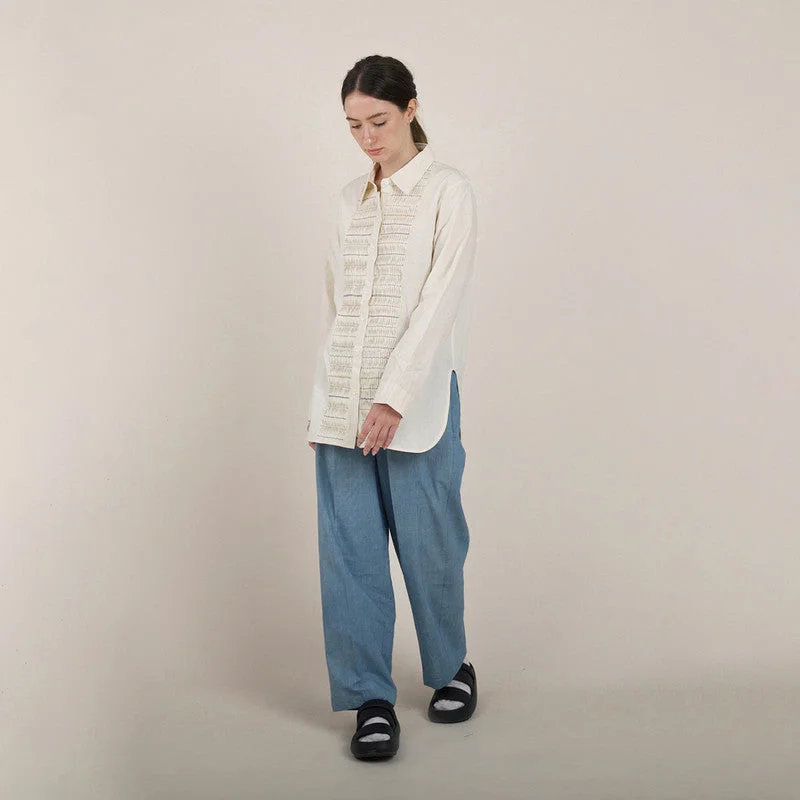 Your Discount is Waiting!Pure Cotton Shirt | Pintuck Shirt | Hand-Embroidered | Off-White